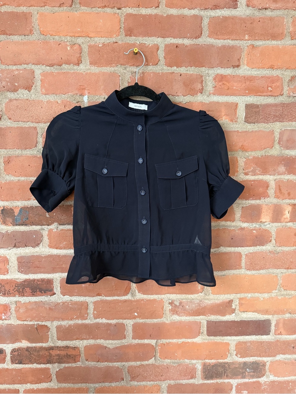 GVGV Japanese Black Short-Sleeve Peplum Button-Front Blouse USA small